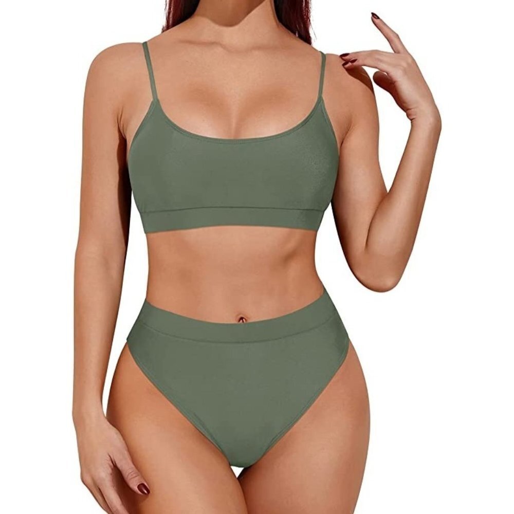 NWT Tempt Me High Waisted Sporty Scoop Neck Bikini set in Army Green Size XXL‎